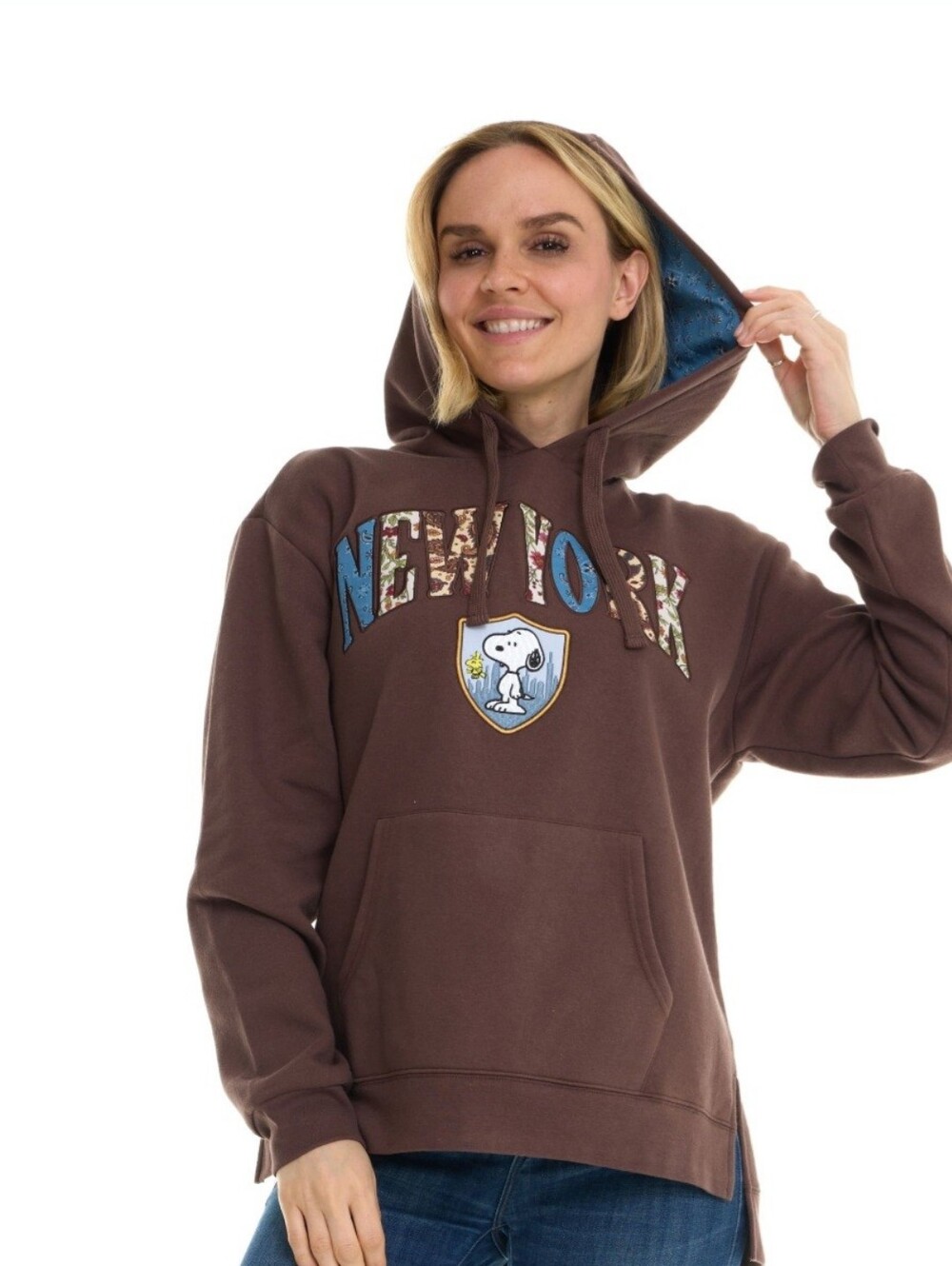NWT Peanuts Snoopy New York Character Patchwork Destination Hoodie Brown M - Picture 2 of 9